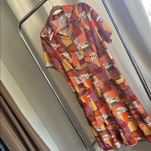 Retro Patchwork Print Midi Shirt Dress in Warm Tones!
